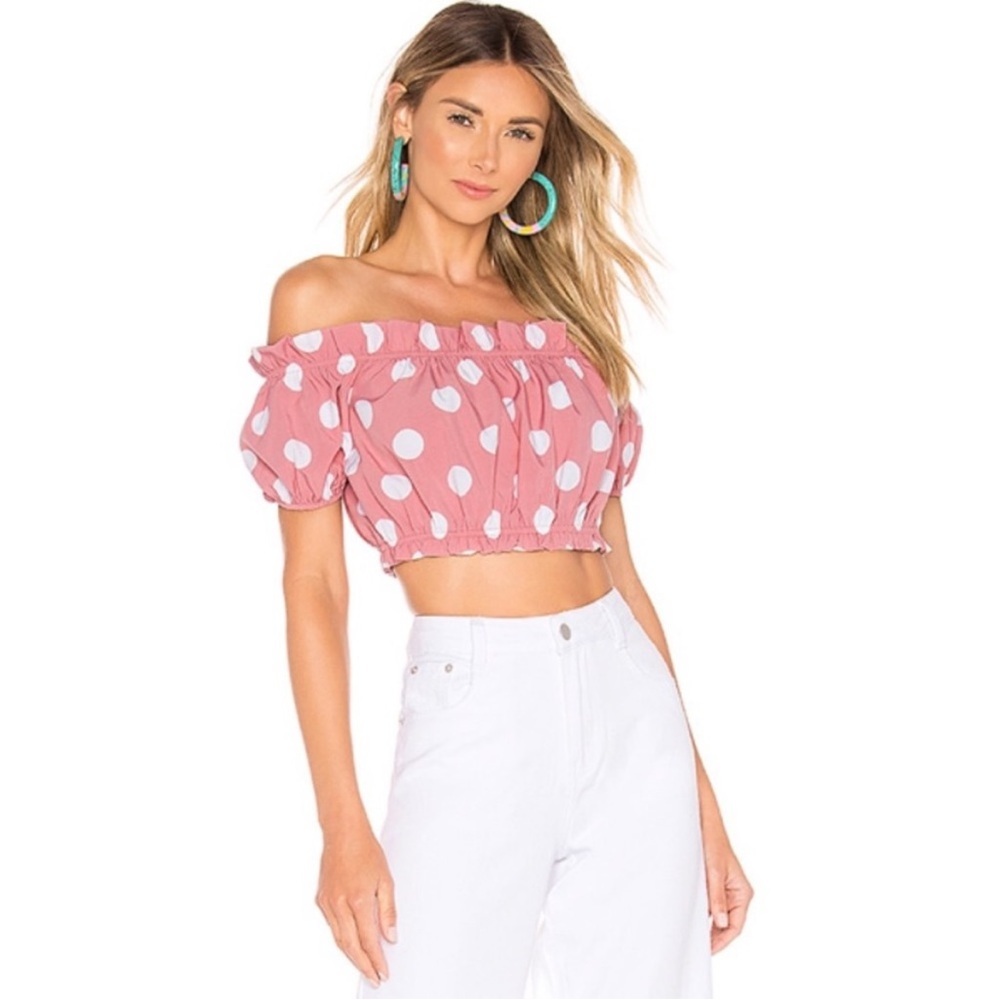 Superdown Aiden Off the Shoulder Pink/White Polka Dot Puff Sleeve Top Small